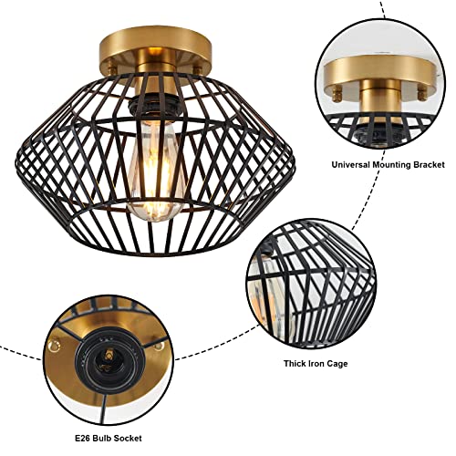 Sglfarmty Ceiling Light Fixture, Metal Semi Flush Mount Ceiling Light With Gold Plate And Matte Black Cage, Modern Hallway Light Fixture Ceiling, Farmhouse Flush Ceiling Light For Bathroom, Bedroom #TOP7