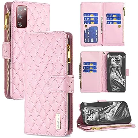 QC-EMART Store Samsung Galaxy S20 FE Phone Wallet Case Ladies PU Leather Purse Large Capacity Card Slots Zipper Pocket Women Clutch Mobile Pouch Flip Cover, Pink Diamond Shape Cover