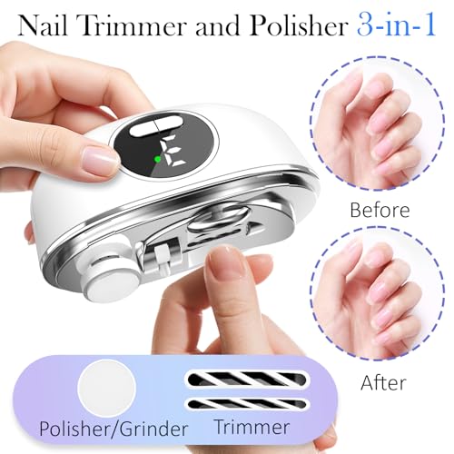 YunLuna Electric Nail Clipper, Automatic Fingernail Clippers Trimmers with Adjustable Dual-Slot, 3-Speed Electric Nail Grinder/Polisher/Clipper for Seniors with LED Light & Debris Collection, White — view 2