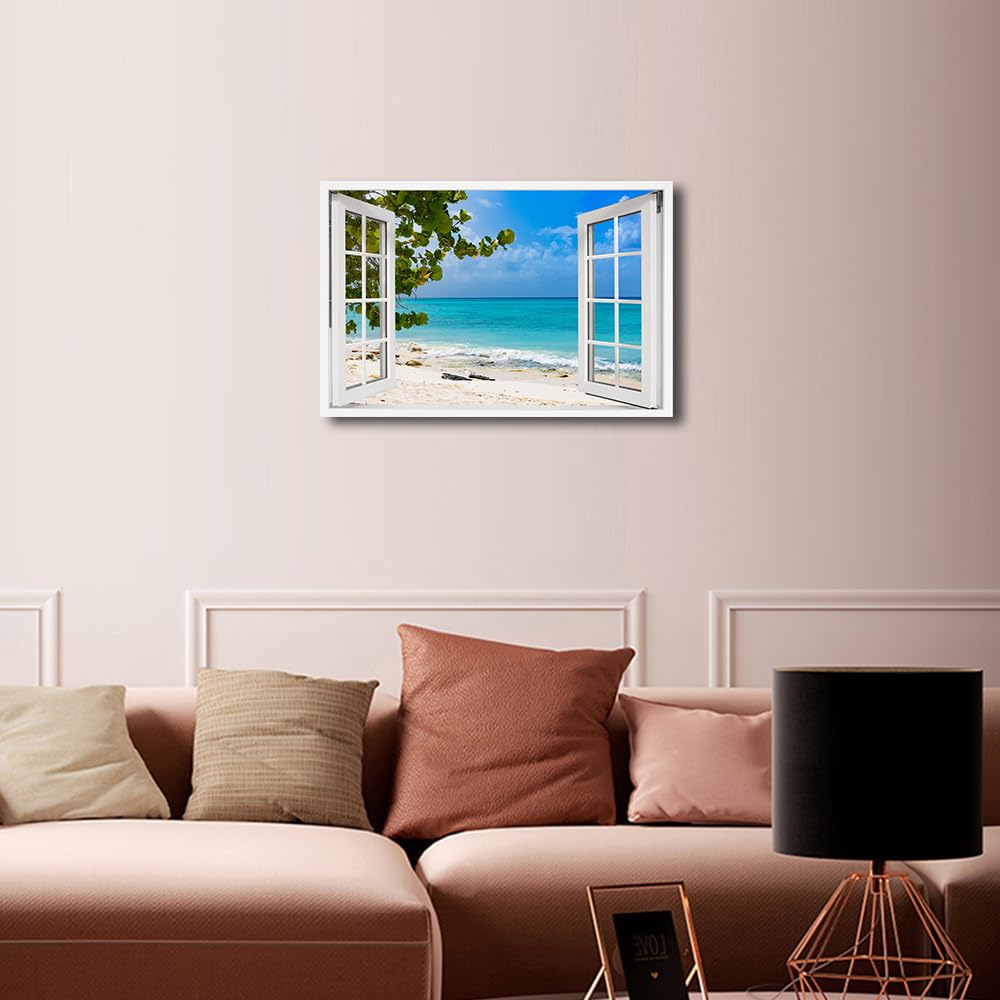 TISHIRON 3D Window View Seaside Effect Canvas Wall Art Prints for Living Room Bedroom Decor Office Kitchen Home Decoration Framed Ready to Hang 12x18inch — view 3