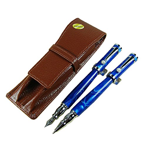 Lanxivi Fuliwen Blue Celluloid Fountain Pen Rollerball Pen Coffee Leather Pen Case Set #TOP17
