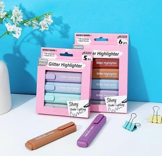 kreni Glitter Highlighter Pens in Fluorescent Colors School Stationary | Marker Pens with Shiny Effects | Set of 6