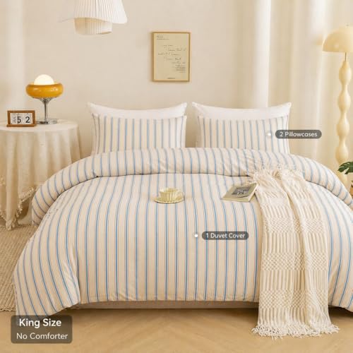 Image of ECOCOTT Striped Duvet Cover King Size, 100% Washed Cotton Linen Feel Bedding Set, Blue Brown Pinstripe Comforter Cover with Zipper Closure & Corner Ties