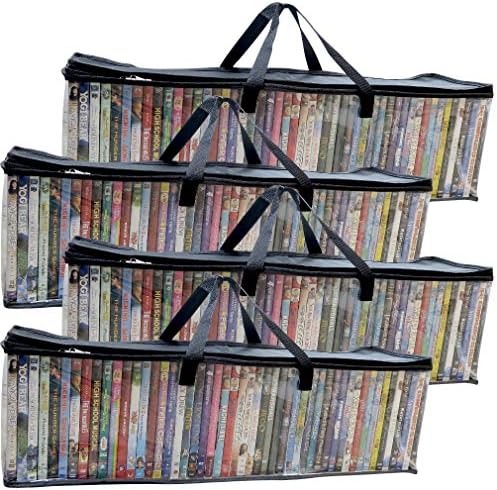 Evelots 4 Pack DVD/BluRay/Video-Storage Bag-New-Clear-Handle-Hold 200 with Cases Total