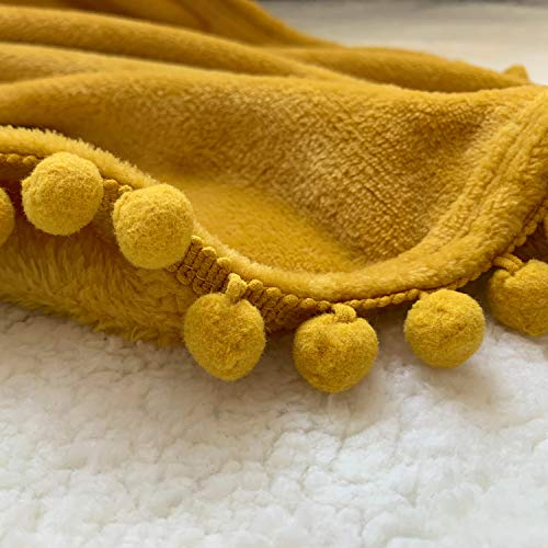 LOMAO Flannel Blanket with Pompom Fringe Lightweight Cozy Kids Blanket Soft Throw Blanket fit Couch Sofa Suitable for All Season (Mustard Yellow, 30''x 40'')