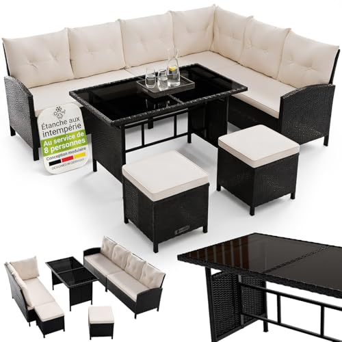 Juskys Salon de Jardin Lounge Manacor en polyrotin Noir - avec canapé, Table, 2 tabourets & Coussins - Ensemble de Meubles pouvant accueillir jusqu'à 7...