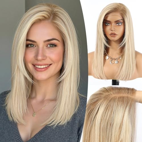 Image of KKU 100% Human Hair Wigs for Women,Real Human Hair Wigs,Side Swept Bangs Lace Front Wig(16 Inch,Ombre Blonde Brown)