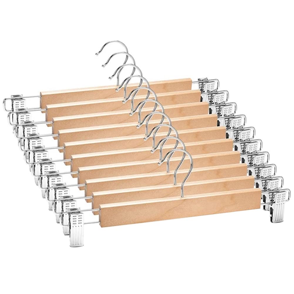 CTRLZS 10 Pack Wooden Skirt Hangers with Adjustable Clips Non-Slip Trouser Hanger Natural Finish Wood Pants Hangers 360°