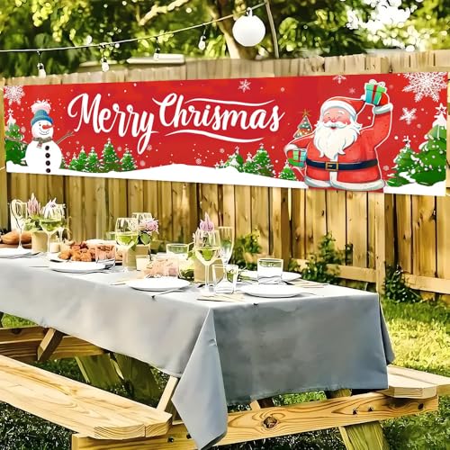 Image of Snowman and Santa Outdoor Banner 78.7 x 17.7 Inch Red Background with Snowflakes and Christmas Trees Festive Holiday Decoration for Yard Garden Fence Porch or Patio Display