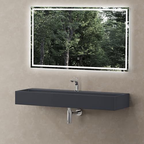 doporro Waschbecken Hängewaschbecken in Anthrazit matt Aufsatzwaschbecken 120x40x14 cm aus Mineralguss Waschtisch mit Armaturloch Colossum6028
