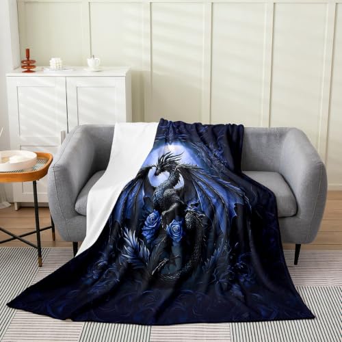 Castle Fairy Gothic Dragon Flannel Throw Blanket Floral Rose Bed Sofa Couch Partner Dark Mystic Aesthetic Living Room Decor Lightweight Fleece Blanket Lightweight Plush Blankets 60"x80" Grass Blue