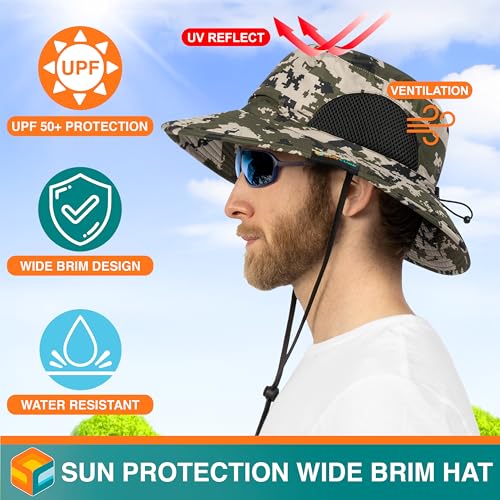 SUN CUBE Wide Brim Sun Hat Men Women, Mens Fishing Hats Sun UV Protection, Womens Hiking Bucket Hat, Outdoor Summer Safari Beach Boonie, Camping Unisex UPF 50+ Camo Green