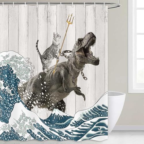 Image of Boziqr Funny Cat Shower Stall Curtain, Cool Cat Dinosaur Japanese Ocean Wave Decor Fabric Bathroom Curtains, Kids Children Rustic Wooden Farmhouse Shower Curtain, 60 X 70 Inches