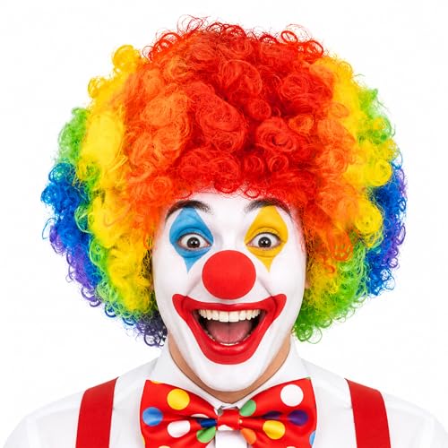 RAINFLOW Colored Clown Wig - Curly Afro Wig for Halloween Parties Cosplay Carnival & Funny Costume Universal Size Lightweight Comfortable Eye-Catching Rainbow Design for Adults Men & Women