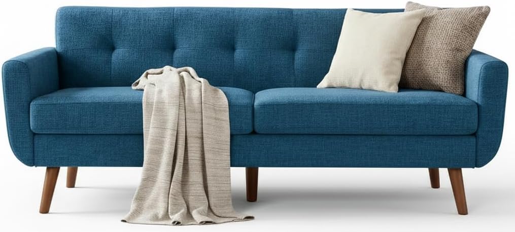 Blue mid-century modern sofa with walnut legs