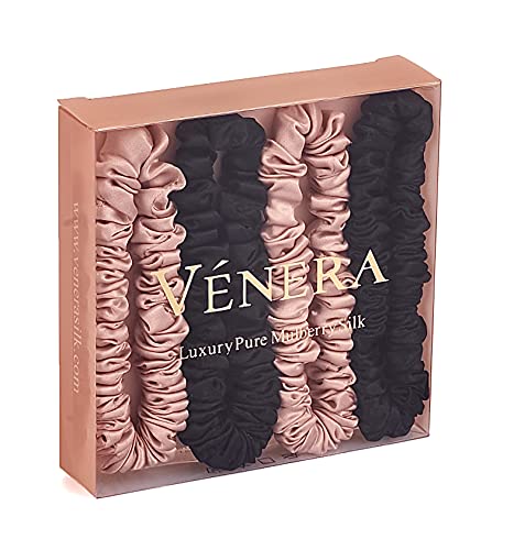 VÉNERA Silk 100% Pure Mulberry 22 Momme Mini Silk Scrunchies 4 Pieces Silk Hair Ties Gentle on Hair - Oeko-Tex Certified - Luxury Silk Scrunchies for Women & Men (Pink-Black)