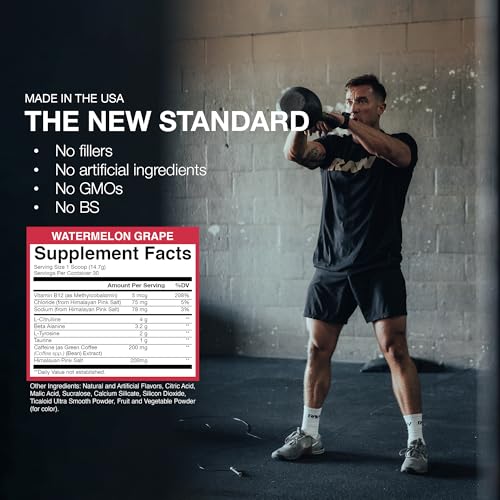Image of RAW Essential Pre-Workout Powder (Watermelon Grape) - Chris Bumstead Sports Nutrition Supplement for Men & Women - Preworkout Energy Powder with Caffeine, L-Citrulline, L-Tyrosine & Beta Alanine Blend