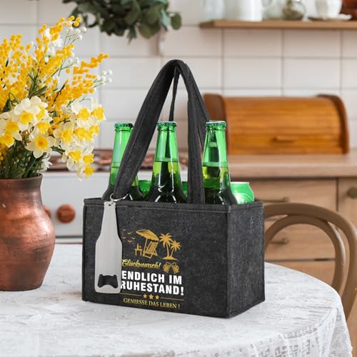 WenmthG Witzige Ruhestand Geschenk Männerhandtasche Bier mit Flaschenöffner und Grußkarten für Männer Mann Frauen Freund Kollegen Biertasche aus Hochwertigem Filz Flaschenträger für 6 Bierflaschen