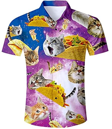 TUONROAD Camisas de Hombre Funky Camisa Hawaiana 3D Pizza Gato Verano Casual Manga Corta Tops T Shirt L | Ya disponible en tu tienda friki favorita! En mundofriki.es!
