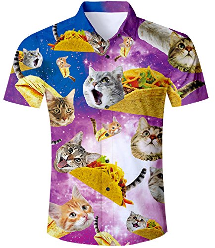 TUONROAD Camisas de Hombre Funky Camisa Hawaiana 3D Pizza Gato
