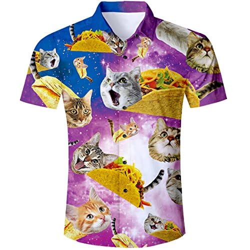 TUONROAD Camisas de Hombre Funky Camisa Hawaiana 3D Pizza Gato Verano Casual Manga Corta Tops T Shirt L