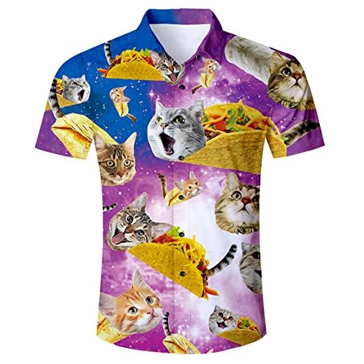 TUONROAD Camisas de Hombre Funky Camisa Hawaiana 3D Pizza Gato Verano Casual Manga Corta Tops T Shirt L