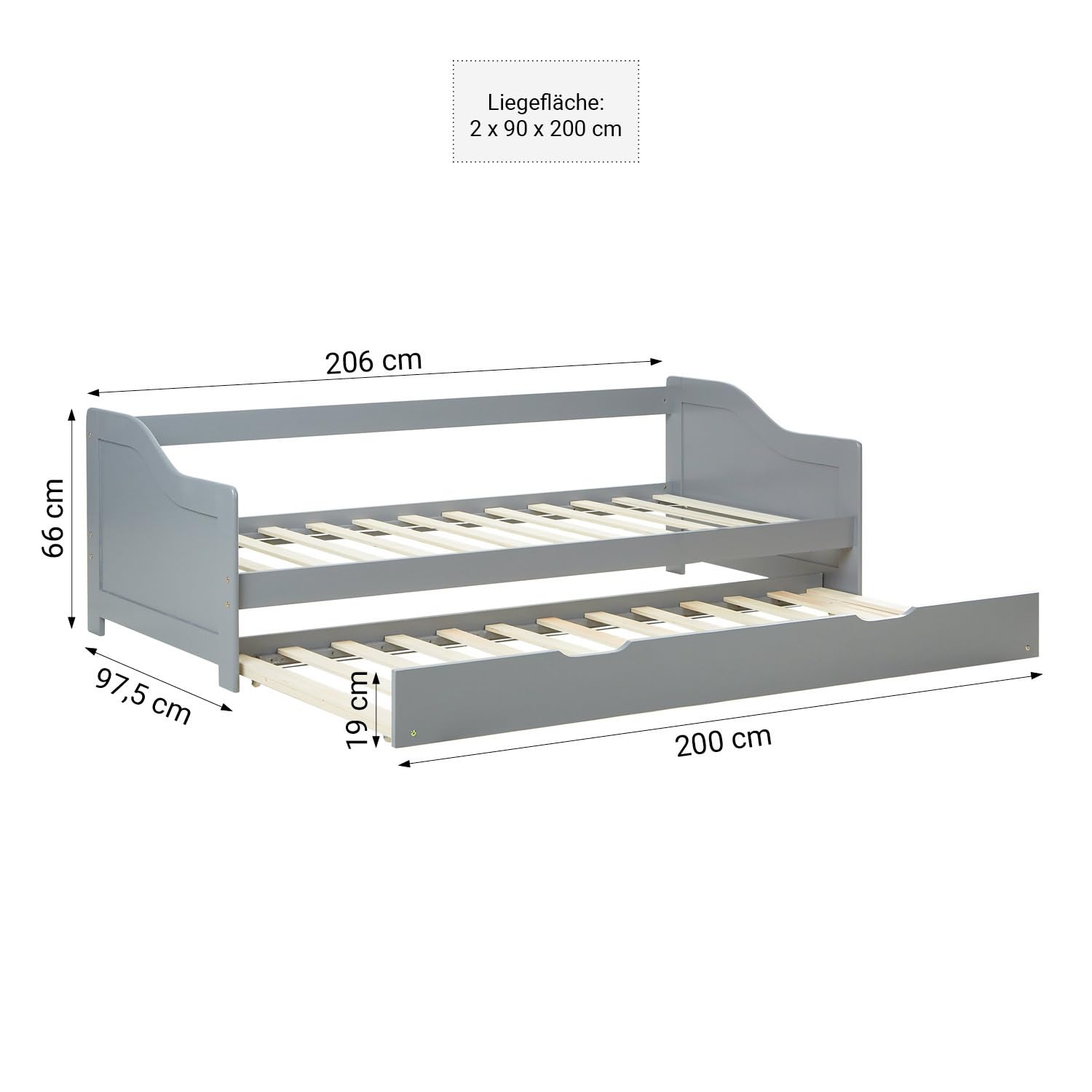 Homestyle4u Kinderbett 90x200 ausziehbar mit Schublade & 2 Matratzen Lattenrost Massivholzbett Kojenbett Gästebett Grau Kiefer massiv Holz