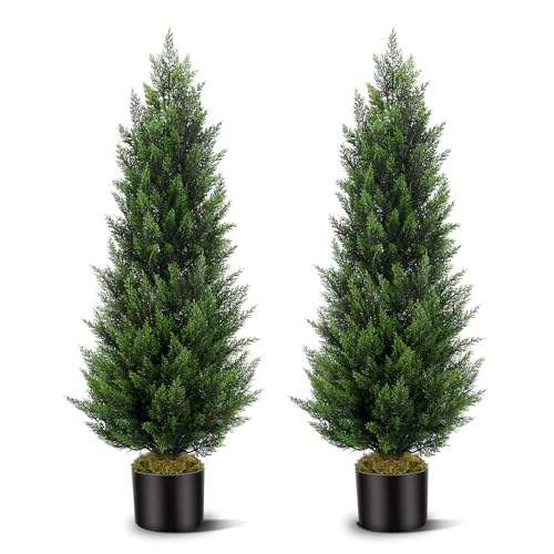 Artificial Topiary Cedar Trees 4FT Tall 2 Set, Outdoor Indoor Faux Pine Shrubs Plants, Realistic Fake Plants Front Porch Decor, Artificial Bushes Cypress for Home Front Door Offices