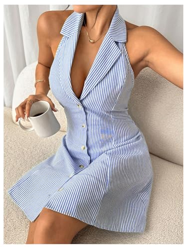 Image of WDIRARA Women's Striped Button Front Sleeveless Halter Dress Lapel Neck Tie Backless A Line Dresses Blue Medium