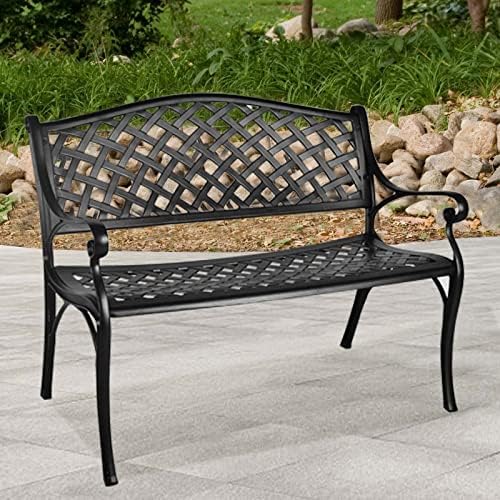 GIODIR Outdoor Patio Garden Bench All-Weather Cast Aluminum Loveseats Park Yard Furniture Porch Chair Work Entryway Decor w/Checkered Design (Black)