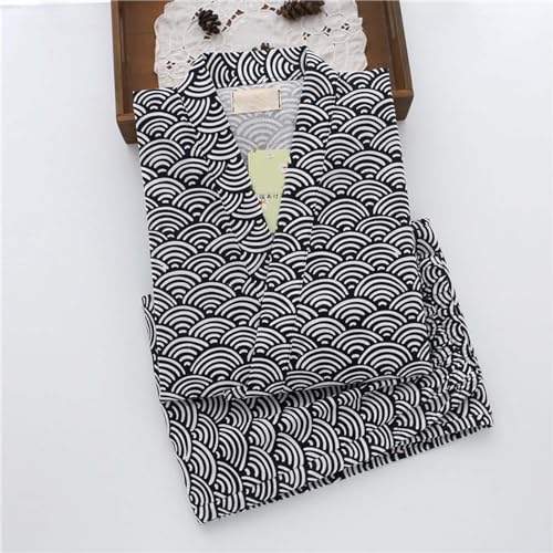 Kimono Japanese Shirt and Pant, Cotton Linen Loungewear Lounge Set Spa Bathrobe, Black Waves2