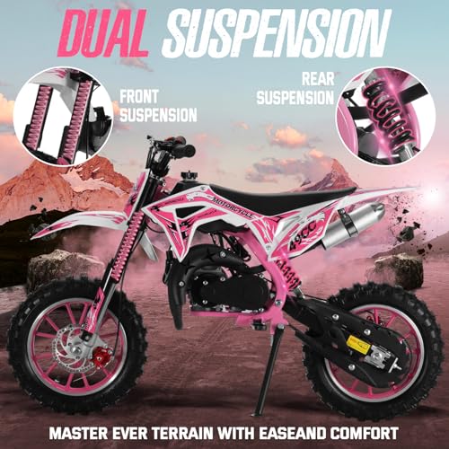 Image of 2026 New 50cc Dirt Bike for Kids 2-Stroke, Toddler Gas Powered Mini Bike with Front Rear Disc Brakes, Speeds up to 40KM /H, Gas Motorcycle for Children, Ideal Gifts for Boys Girls, Blue (Pink)