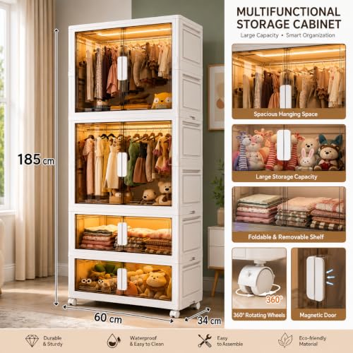 Image of YASONIC Plastic Wardrobe for Kids, Baby Cupboard for Storage, 12 Cubes Almirah, Cupboard for Clothes, Collapsible Wardrobe for Metal Utility Storage Cart with Wheels (WHITE-SJM32160-2)