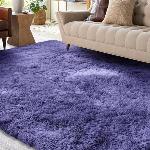 Soft Area Rugs for Living Room, 5x8 Plush Fluffy Bedroom Rug, Non-Slip Shaggy Rugs for Dorm Teens Room Decor, Modern Indoor Furry Carpets for Playroom Study Office, Grey Purple
