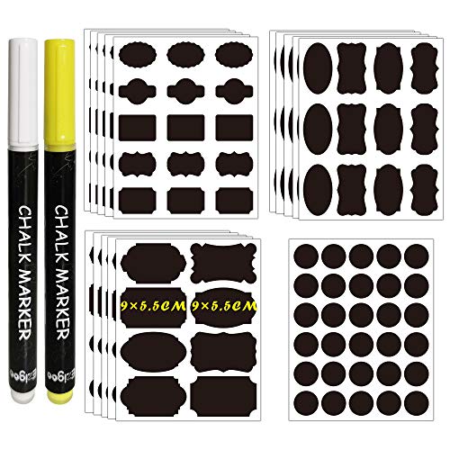 Ezigoo Etiquetas de Pizarra - 205 Pegatina Reutilizable + 2 Marcador de Tiza Pegatina de Pizarra Extraíble Borrable para Decorar Tarros, Vino, Despensa, Hogar y Oficina