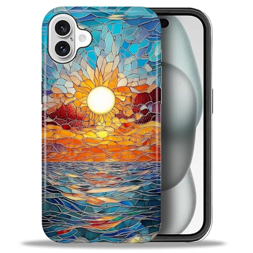 ZHEGAILIAN Case for iPhone 16,Shockproof Hard Shell + Soft Silicone 2 in 1 Hybrid,Shockproof Bumper Drop Protective - Stained Glass Sunset Beachy