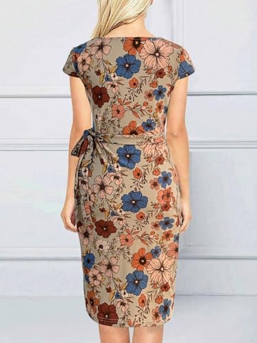 Image of Women's Vintage Cap Sleeves Asymmetrical Neckline Sheath Bodycon Casual Work Cocktail Party Pencil Faux Wrap Dresses