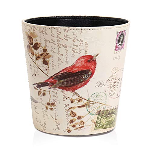 Image of PU Leather Small Trash Can Wastebasket, Round Garbage Container Basket for Bathrooms, Laundry Room, Kitchens, Offices, Kids Rooms, Bedrooms,Dorms,Home Decorative Art Bin, 2.9 Gallon(Bird Design)