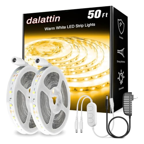 dalattin Warm White LED Strip Lights 50ft, Led Lights Strip Dimmable Bright 24V 3000K, 900 LEDs Lights for Bedroom, Mirror, Kitchen, Strong Adhesive(2 Rolls of 25ft)