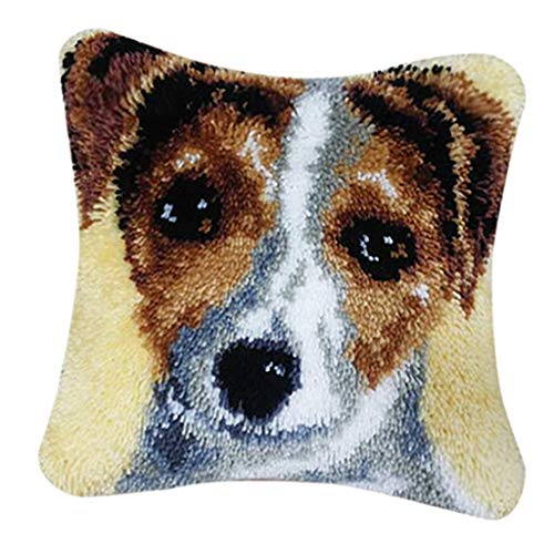 EPRHAY Latch Hook Rug Making Kits Dogs Cushion Cover Craft Embroidery Dog for Kids Adults 43 x 43cm, Brown / White, 43 x 43 cm