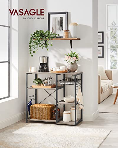 Image of VASAGLE ALINRU Kitchen Baker's Rack, Coffee Bar, Microwave Oven Stand, with Steel Frame, Wire Basket, 6 Hooks, for Mini Oven, Spices Utensils, Industrial, Heather Greige and Ink Black UKKS090B02