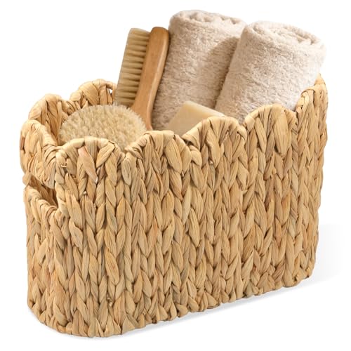 RdjEokf Magazine Wicker Basket, Hand-Woven Magazine Holder with Handle, Processed Rattan Scalloped Edge Magazine Storage Floor for Living Room, Bedroom, Bathroom, Office