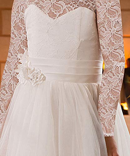 Lace Embellished A-Line Sleeveless Girls Wedding Party Dresses (Ivory Long Sleeves, 12)
