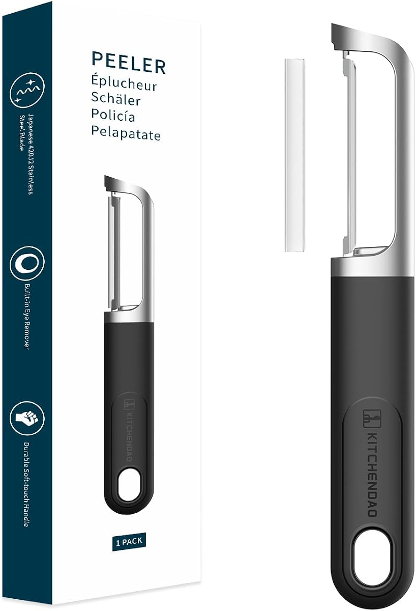 Swivel Vegetable Potato Peeler for Kitchen -Durable Japanese 420J2 Stainless Steel Sharp Dual Blade- Built-in Eye Remover, Ergonomic Soft-touch Handle - Dishwasher Safe-Black
