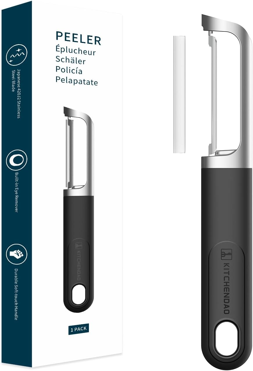 KITCHENDAO Swivel Vegetable Potato Peeler for Kitchen -Durable Japanese 420J2 Stainless Steel Sharp Dual Blade- Built-in Eye Remover, Ergonomic Soft-touch Handle - Dishwasher Safe-Black