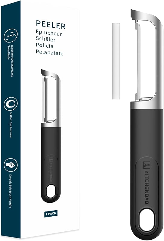 Swivel Vegetable Potato Peeler for Kitchen -Durable Japanese 420J2 Stainless Steel Sharp Dual Blade- Built-in Eye Remover, Ergonomic Soft-touch Handle - Dishwasher Safe-Black