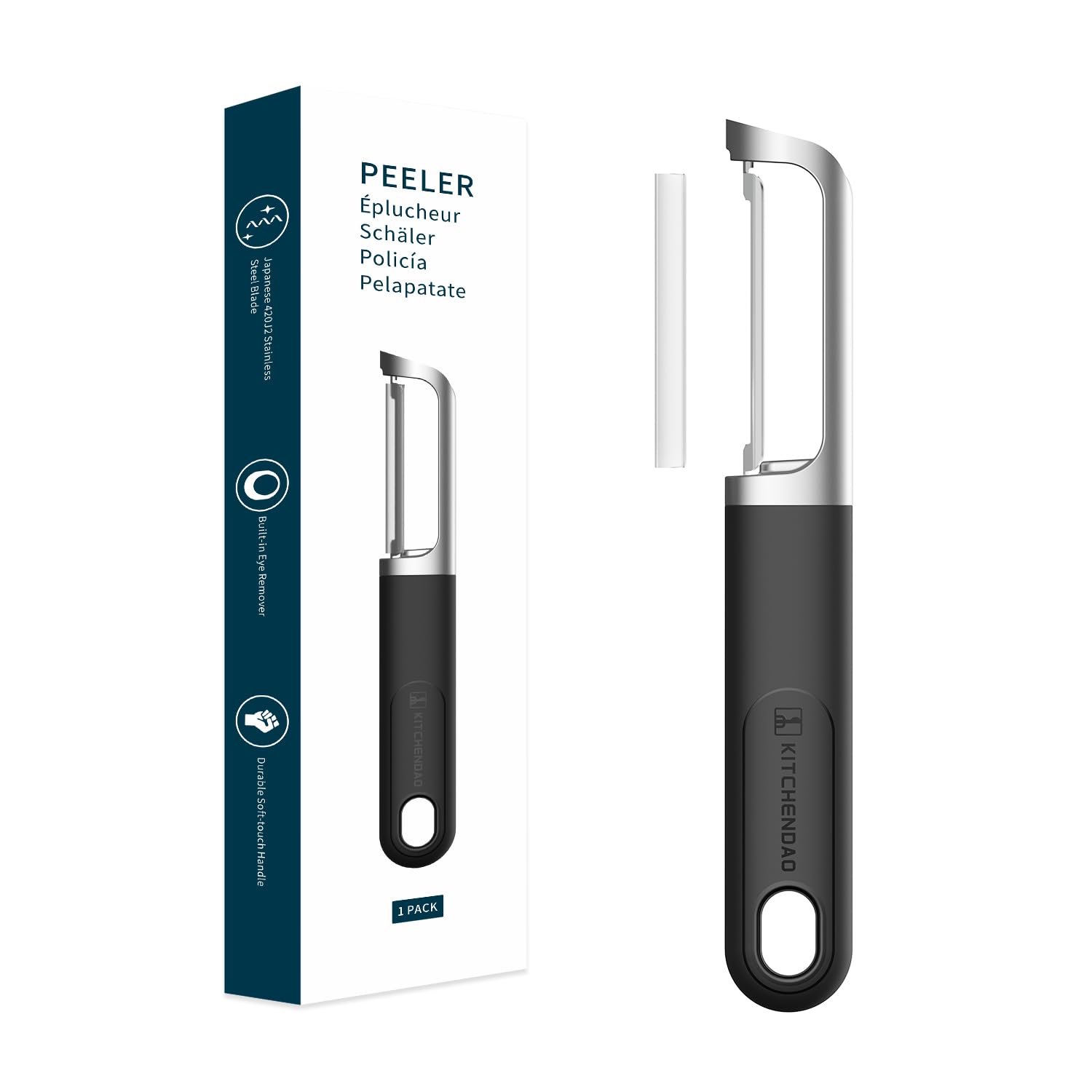 KITCHENDAO Swivel Vegetable Potato Peeler, Japanese 420J2 Stainless Steel Sharp Blade, Sturdy Die-cast Construction, Built-in Eye Remover, Soft-touch Handle, Dishwasher Safe, Black