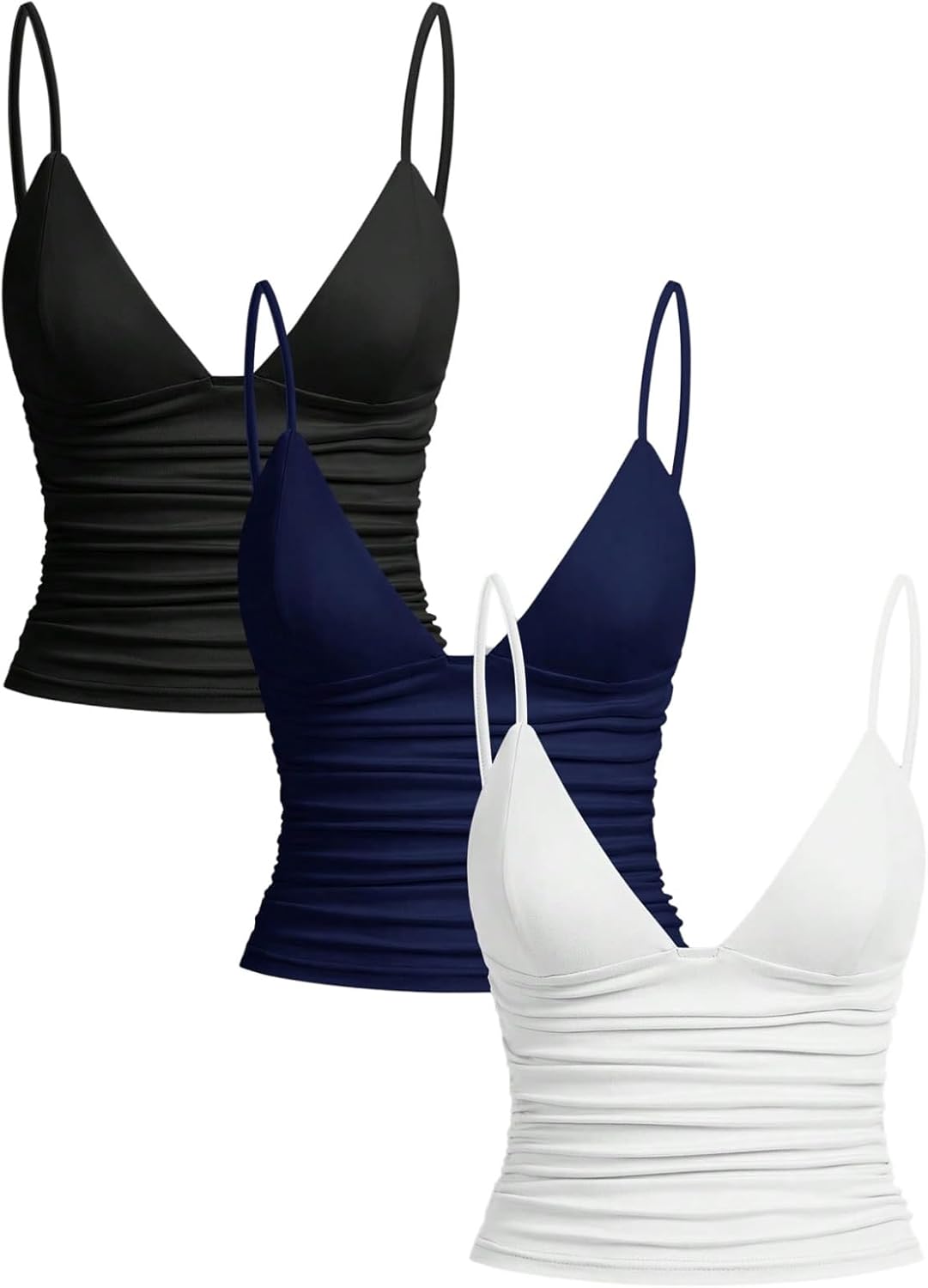 OYOANGLE Women's 3 Pack V Neck Ruched Cami Crop Tops Spaghetti Strap Slim Fitted Camisole