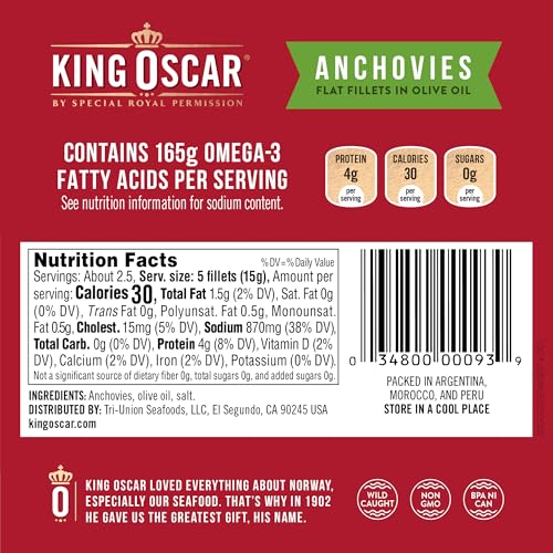 Image of King Oscar Anchovies Fillets in Olive Oil, 2 Ounce Cans (Pack of 18), Wild Caught Canned Anchovies