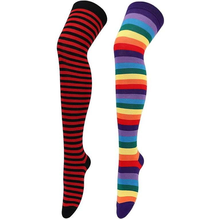 TRAZOWomen's Thigh High Socks Over the Knee High Knitted Casual Boot Socks, Stiped Long Fashionable Stockings Pack of 2